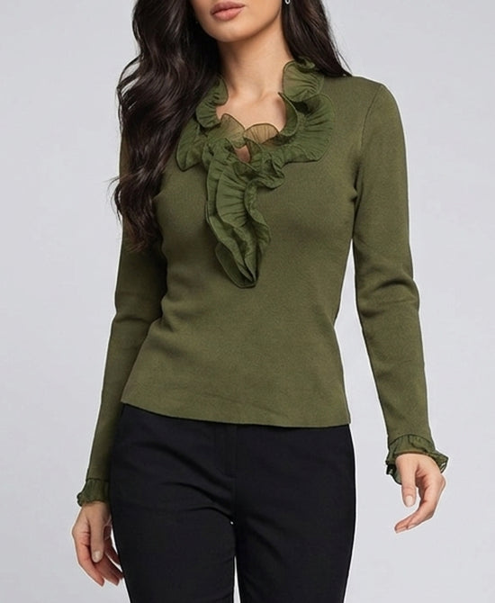 
Sweater w/ Pleated Ruffle Trim in OLIVE view 1