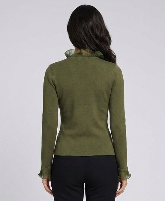 
Sweater w/ Pleated Ruffle Trim in OLIVE view 2