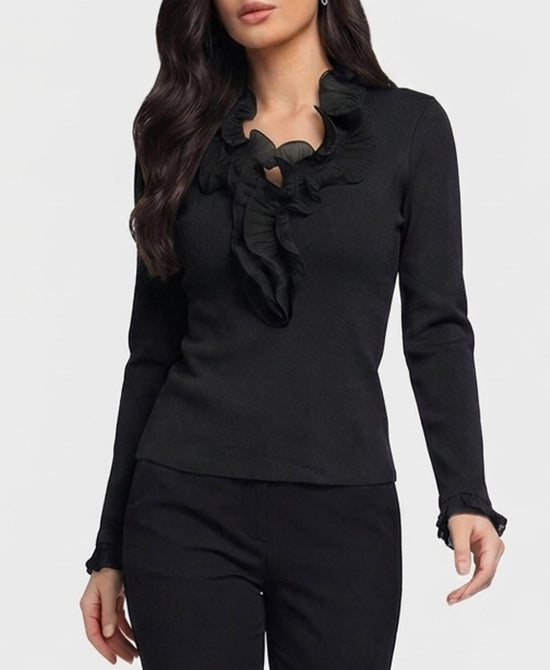 
Sweater w/ Pleated Ruffle Trim in BLACK view 1