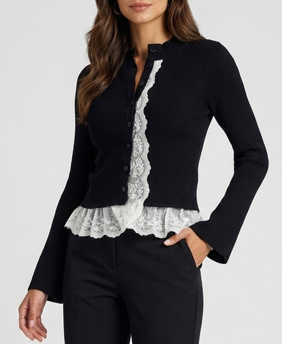 
Knit Ribbed Cardigan w/ Lace Trim in BLACK/IVORY view 1