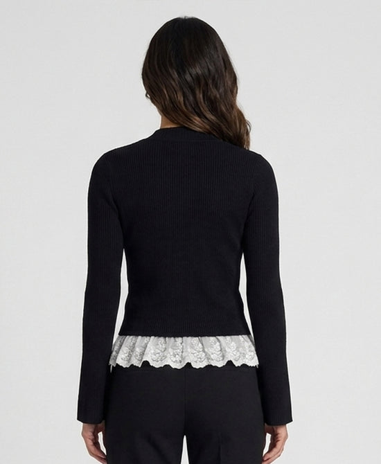 
Knit Ribbed Cardigan w/ Lace Trim in BLACK/IVORY view 2
