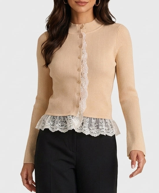 
Knit Ribbed Cardigan w/ Lace Trim in BEIGE/IVORY view 1