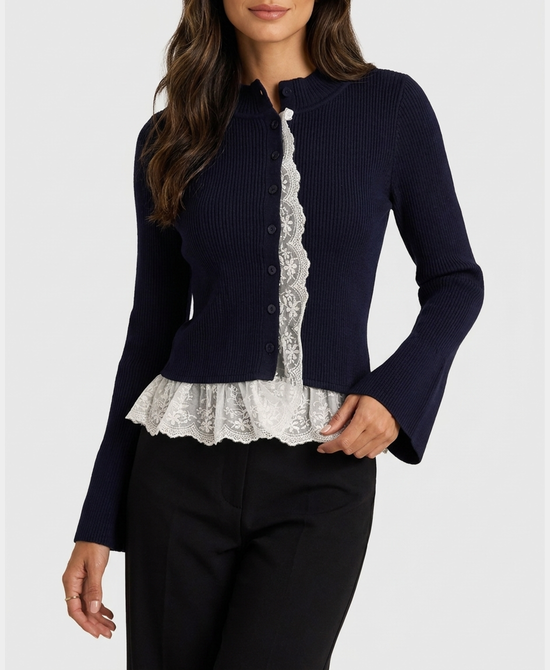 
Knit Ribbed Cardigan w/ Lace Trim in NAVY/WHITE view 1