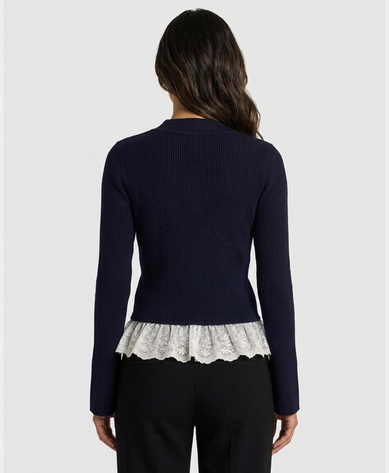 
Knit Ribbed Cardigan w/ Lace Trim in NAVY/WHITE view 2