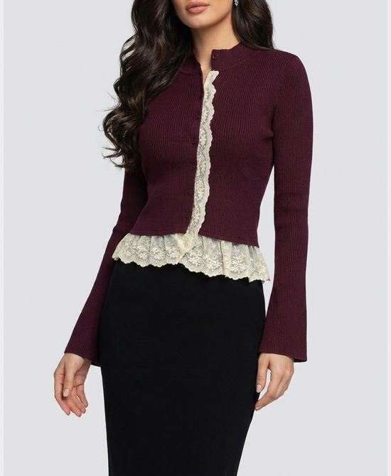 
Knit Ribbed Cardigan w/ Lace Trim in BURGUNDY/IVORY view 1