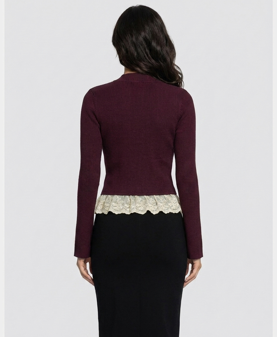 
Knit Ribbed Cardigan w/ Lace Trim in BURGUNDY/IVORY view 2