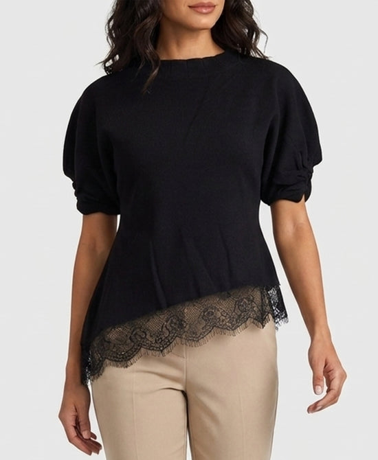
Asymmetrical Knit Top w/ Lace Trim in BLACK view 1