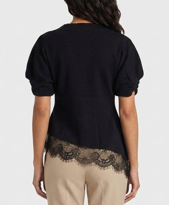 
Asymmetrical Knit Top w/ Lace Trim in BLACK view 2
