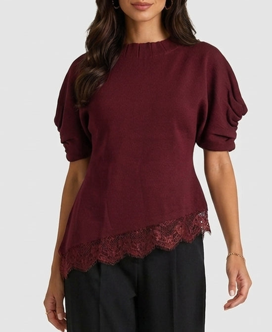 
Asymmetrical Knit Top w/ Lace Trim in BURGUNDY view 1