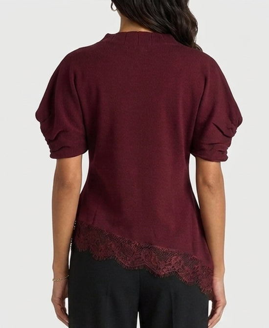 
Asymmetrical Knit Top w/ Lace Trim in BURGUNDY view 2