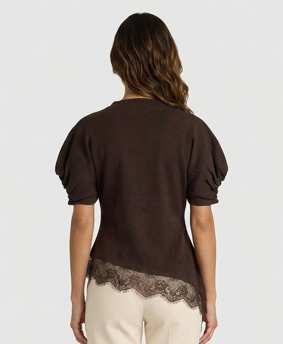 
Asymmetrical Knit Top w/ Lace Trim in CHOCOLATE view 2
