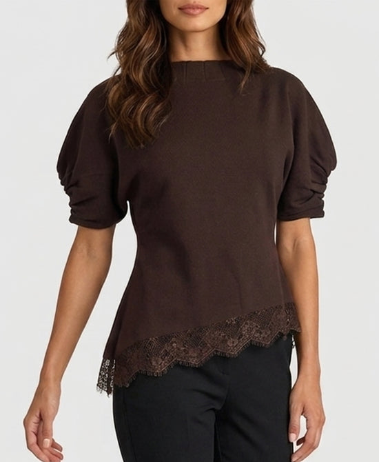 
Asymmetrical Knit Top w/ Lace Trim in CHOCOLATE view 1