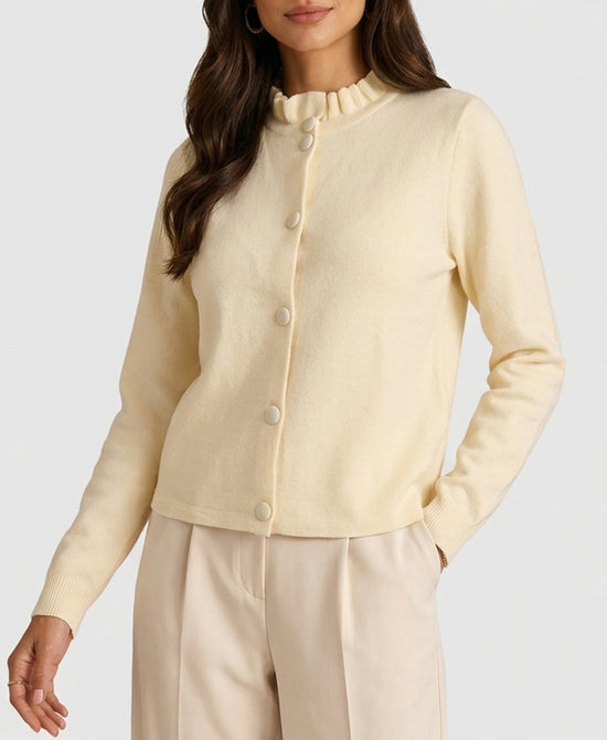 
Cardigan Sweater w/ Ruffle Neck in CREAM view 1