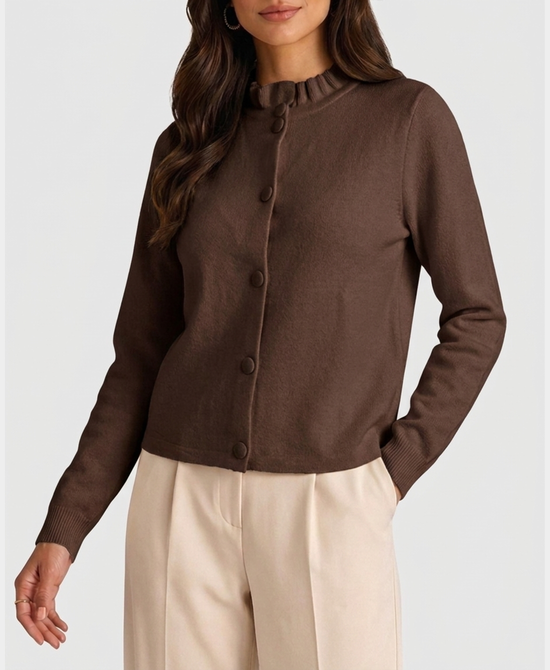 
Cardigan Sweater w/ Ruffle Neck in BROWN view 1