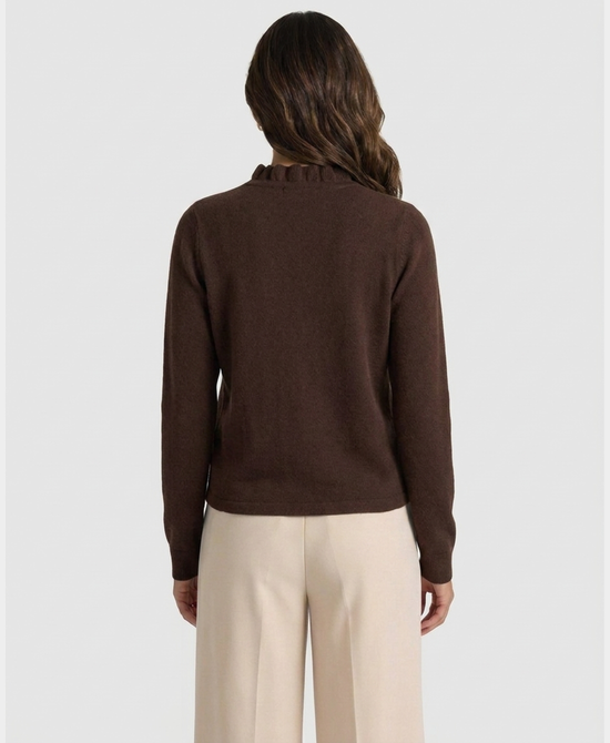 
Cardigan Sweater w/ Ruffle Neck in BROWN view 2