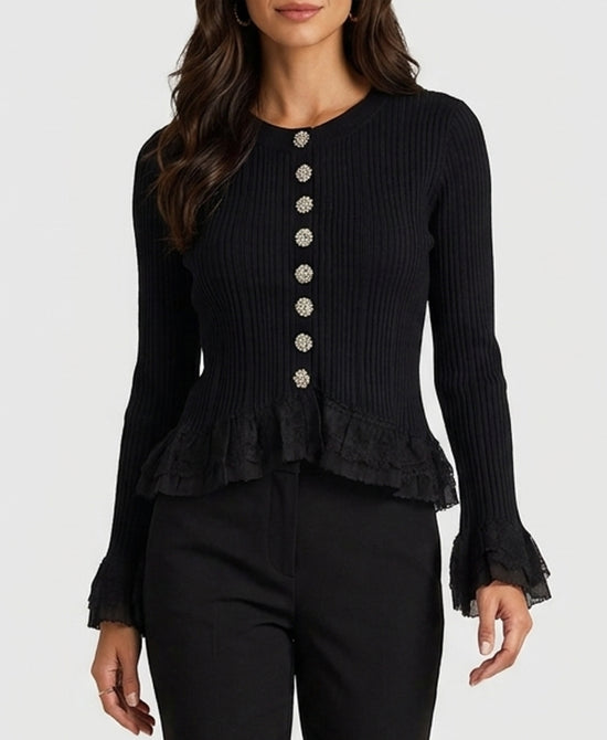 
Lace Trim Knit Ribbed Cardigan w/ Jeweled Buttons in BLACK view 1