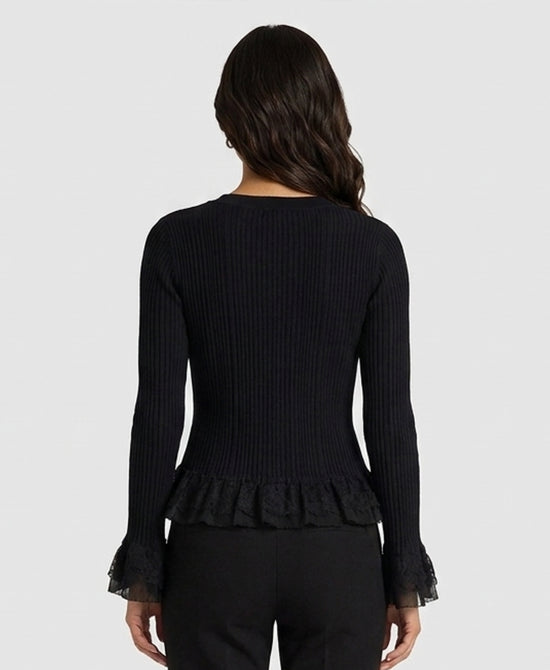 
Lace Trim Knit Ribbed Cardigan w/ Jeweled Buttons in BLACK view 2