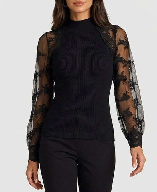 
Knit Ribbed Top w/ Lace Sleeves in BLACK view 1
