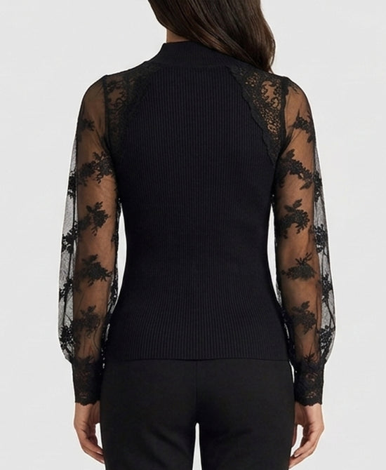 
Knit Ribbed Top w/ Lace Sleeves in BLACK view 2