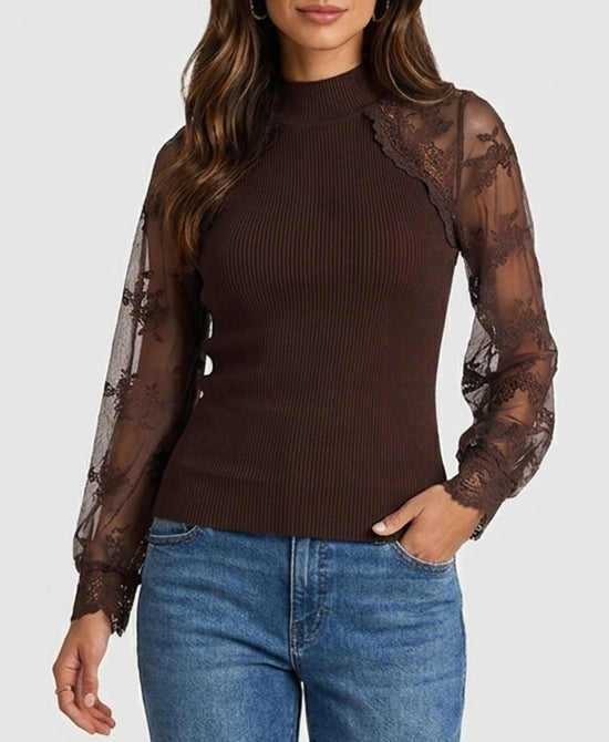 
Knit Ribbed Top w/ Lace Sleeves in BROWN view 1
