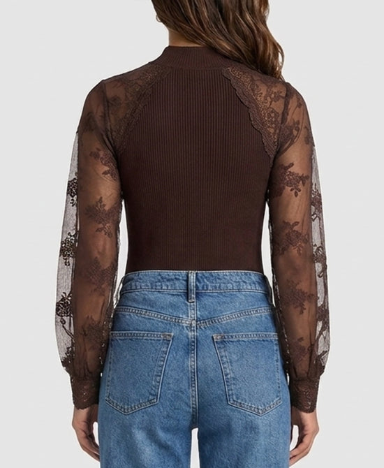 
Knit Ribbed Top w/ Lace Sleeves in BROWN view 2