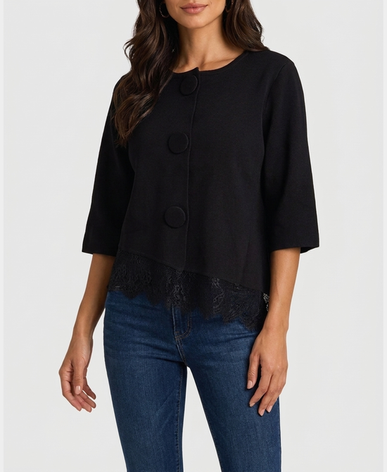 
Asymmetrical Lace Trim Knit Cardigan in BLACK view 1