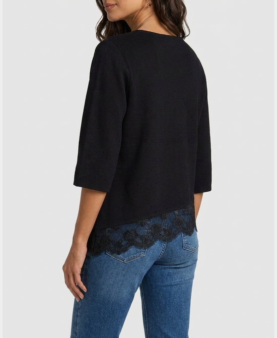
Asymmetrical Lace Trim Knit Cardigan in BLACK view 2