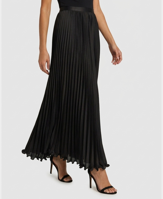 
Pleated Maxi Skirt w/ Ruffle Hem in BLACK view 1
