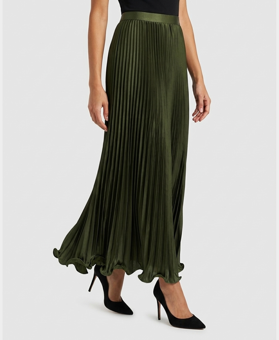 
Pleated Maxi Skirt w/ Ruffle Hem in OLIVE view 1