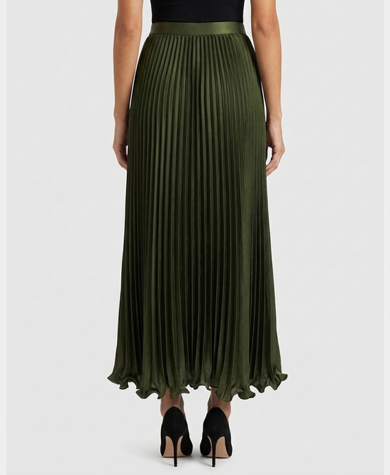 
Pleated Maxi Skirt w/ Ruffle Hem in OLIVE view 2