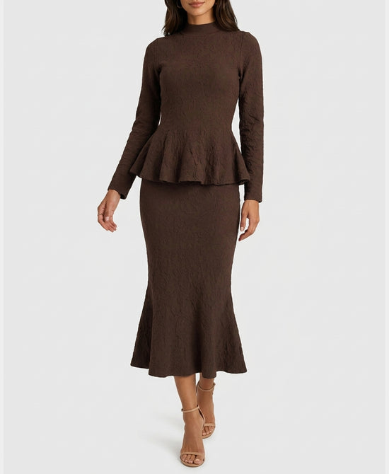 
Burnout Floral Peplum Sweater & Skirt Set- 2 Pc Set in BROWN view 1