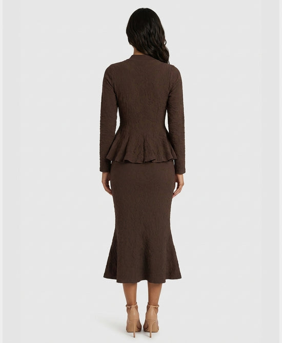 
Burnout Floral Peplum Sweater & Skirt Set- 2 Pc Set in BROWN view 2