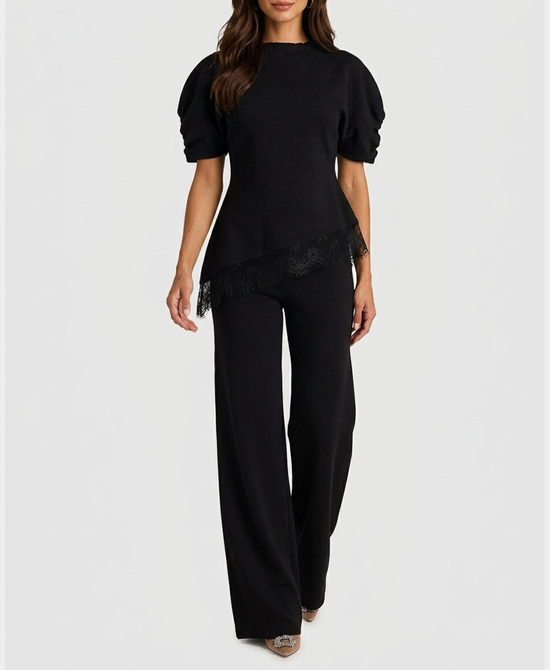 
Asymmetrical Lace Trim Top & Knit Pants Set- 2 Pc Set in BLACK view 1