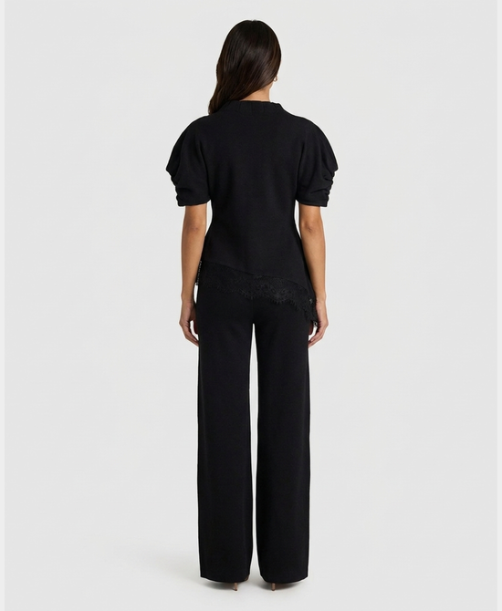 
Asymmetrical Lace Trim Top & Knit Pants Set- 2 Pc Set in BLACK view 2