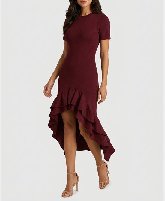 
Hi-Lo Knit Ruffle Dress in WINE view 1