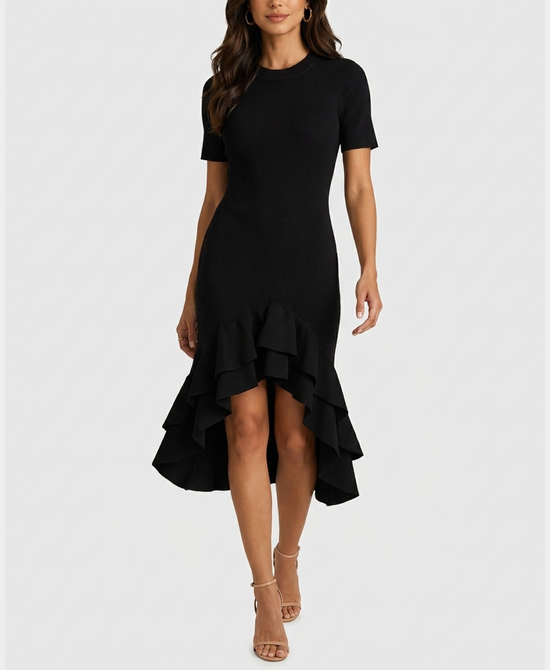 
High Low Knit Dress w/ Ruffle Hem in BLACK view 1