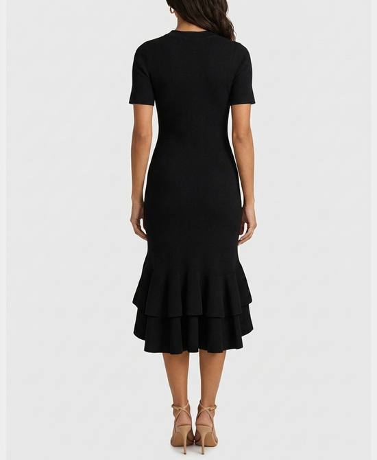 
High Low Knit Dress w/ Ruffle Hem in BLACK view 2