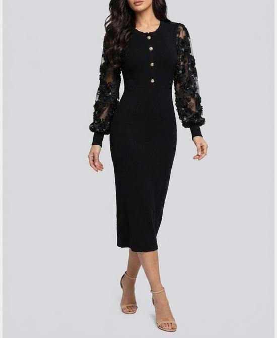 
Knit Dress w/ Lace Sleeves in BLACK view 1