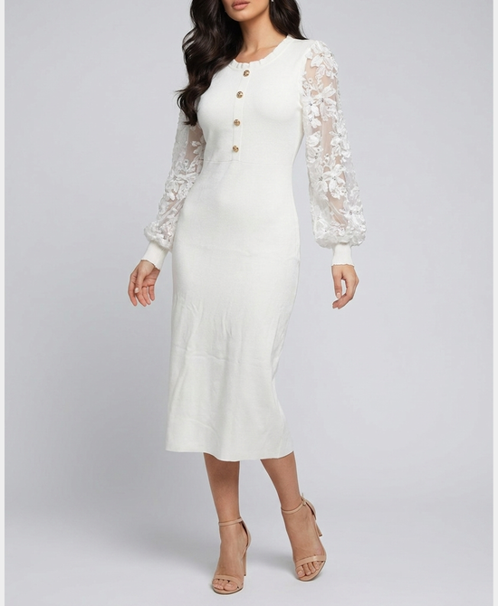 
Knit Dress w/ Lace Sleeves in WHITE view 1
