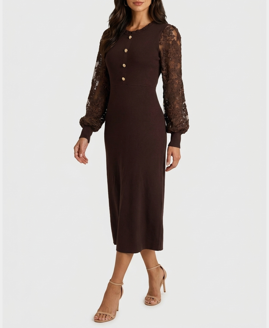 
Knit Dress w/ Lace Sleeves in BROWN view 1