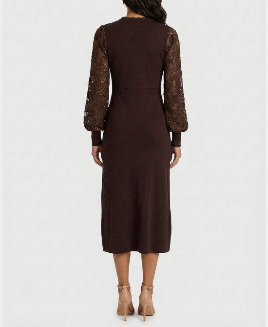 
Knit Dress w/ Lace Sleeves in BROWN view 2