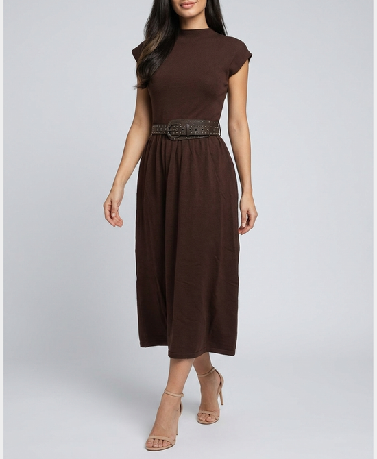 
Knit Maxi Dress w/ Studded Belt in BROWN view 1