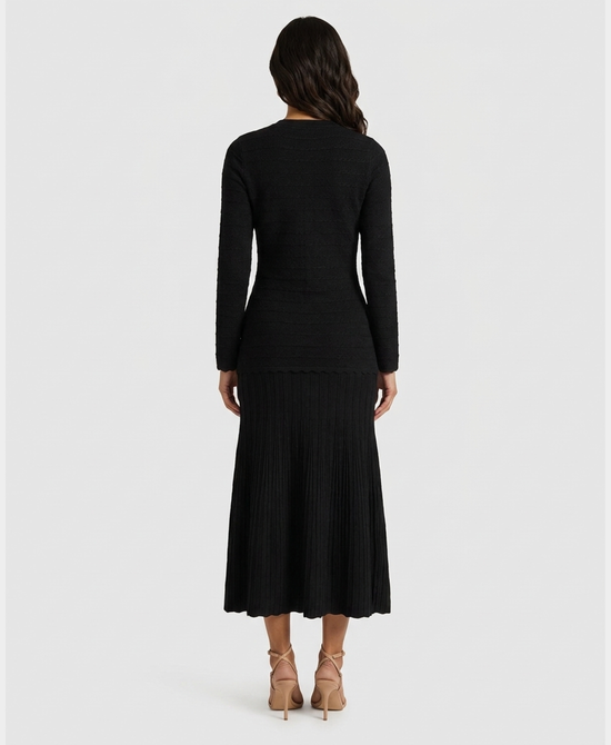 
Knit Ribbed Maxi Dress w/ Jeweled Accents in BLACK view 2