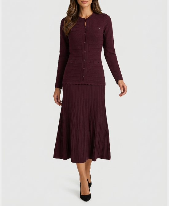 
Knit Ribbed Maxi Dress w/ Jeweled Accents in BURGUNDY view 1
