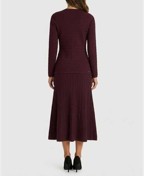 
Knit Ribbed Maxi Dress w/ Jeweled Accents in BURGUNDY view 2