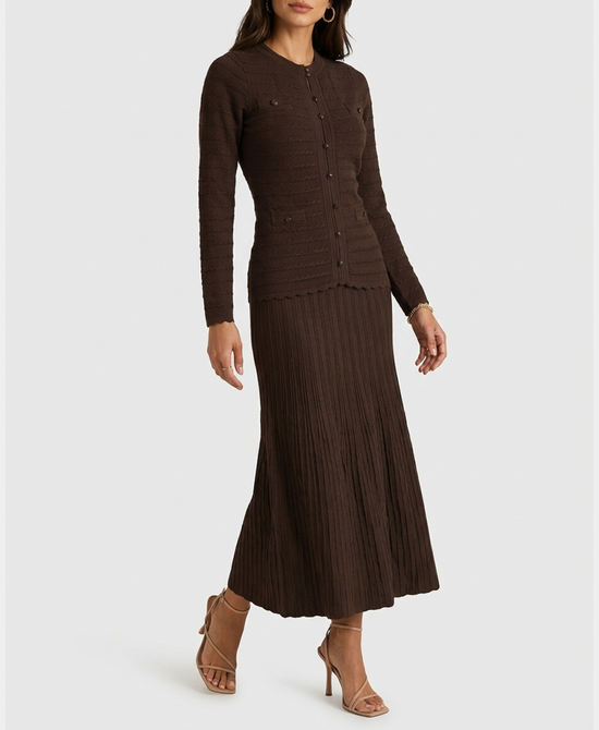 
Knit Ribbed Maxi Dress w/ Jeweled Accents in BROWN view 1