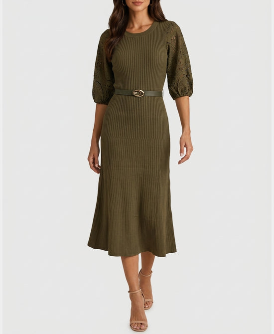 
Knit Midi Dress w/ Crochet Lace Sleeves in OLIVE view 1