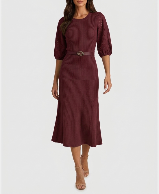
Knit Midi Dress w/ Crochet Lace Sleeves in BURGUNDY view 1