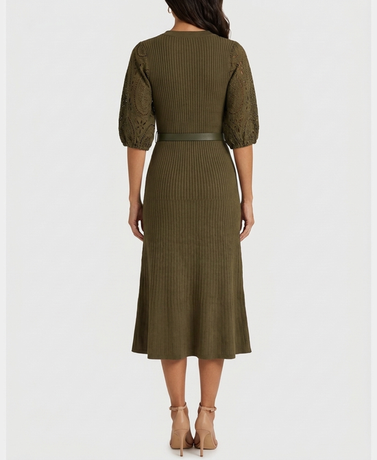 
Knit Midi Dress w/ Crochet Lace Sleeves in OLIVE view 2