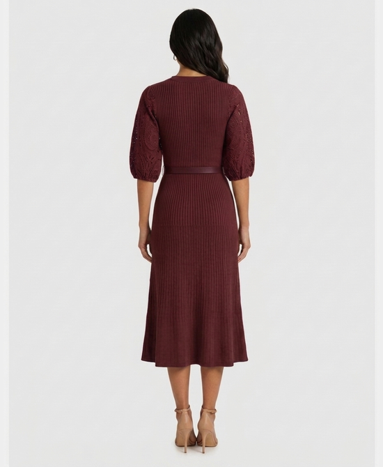 
Knit Midi Dress w/ Crochet Lace Sleeves in BURGUNDY view 2